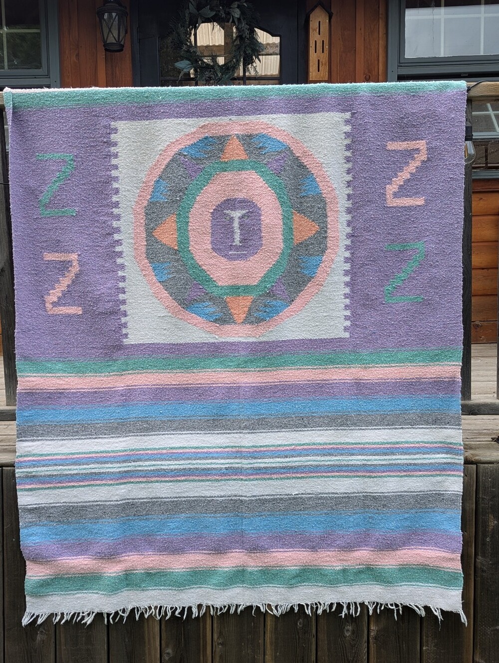 VTG 90s Pastel Geometric Woven Throw Blanket Lavender, Mint, Peach Mexico 1980s